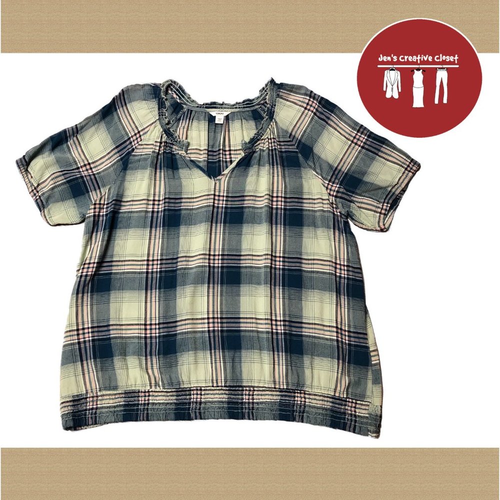 Women's Sonoma Blue Plaid V Neck Short Sleeve Top